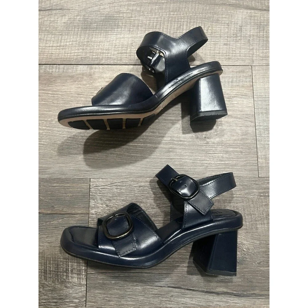 NWOB Homers Navy Blue Block Heel Leather Hand Crafted Strappy Sandals Size 36